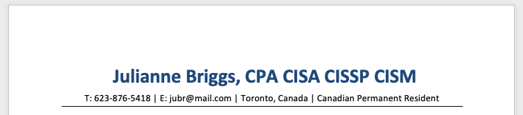Example of a Canadian resume header.