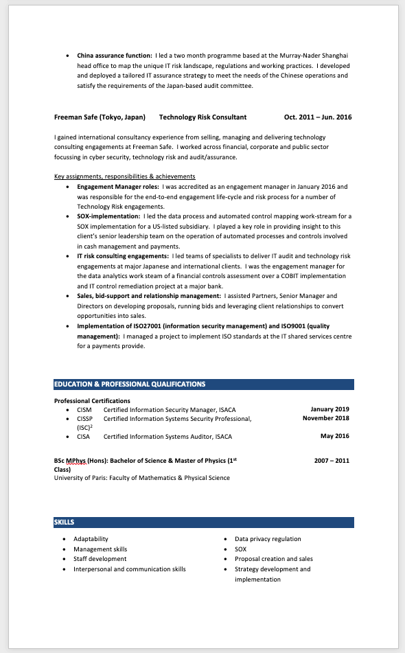 sample resume for canada job application